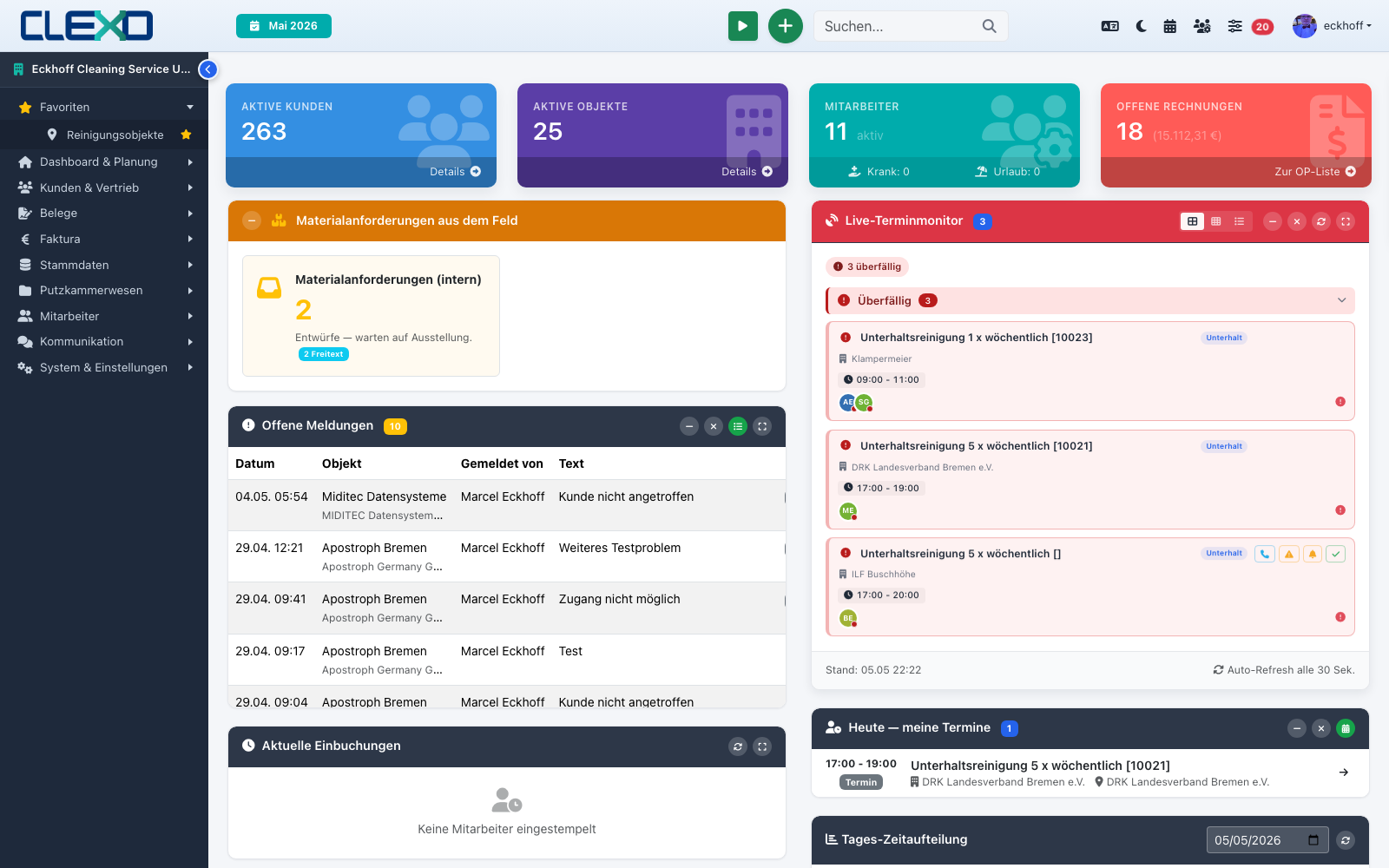 Vorschau der CLEXO-WebApp mit Dashboard, Kalender und Aufträgen